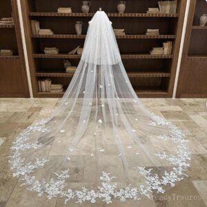 White Blusher Cathedral Drop Veil Scattered Floral Appliques Wedding Veil 2 Tier